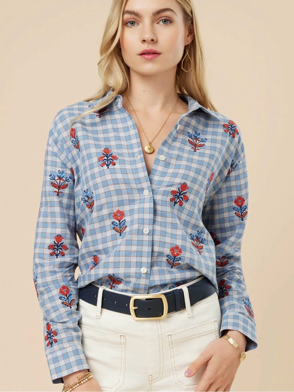 Spartina 449 Floral Embroidered Check Button Up Top Size XS Linen Blend Whimsy